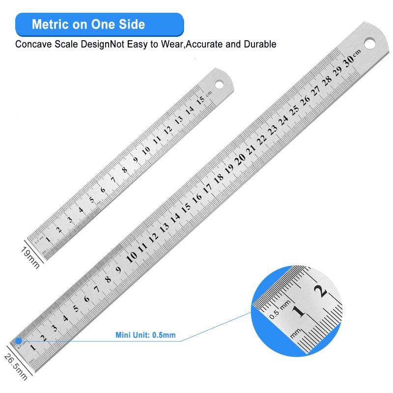 Yipinve 2 Pack Metal Ruler, Double-Sided Scaleã€6,12inch/15,30cmã€‘ Steel Ruler Set for Architects, Home,Schoolï¼Œ Office, and Craft - Image 4